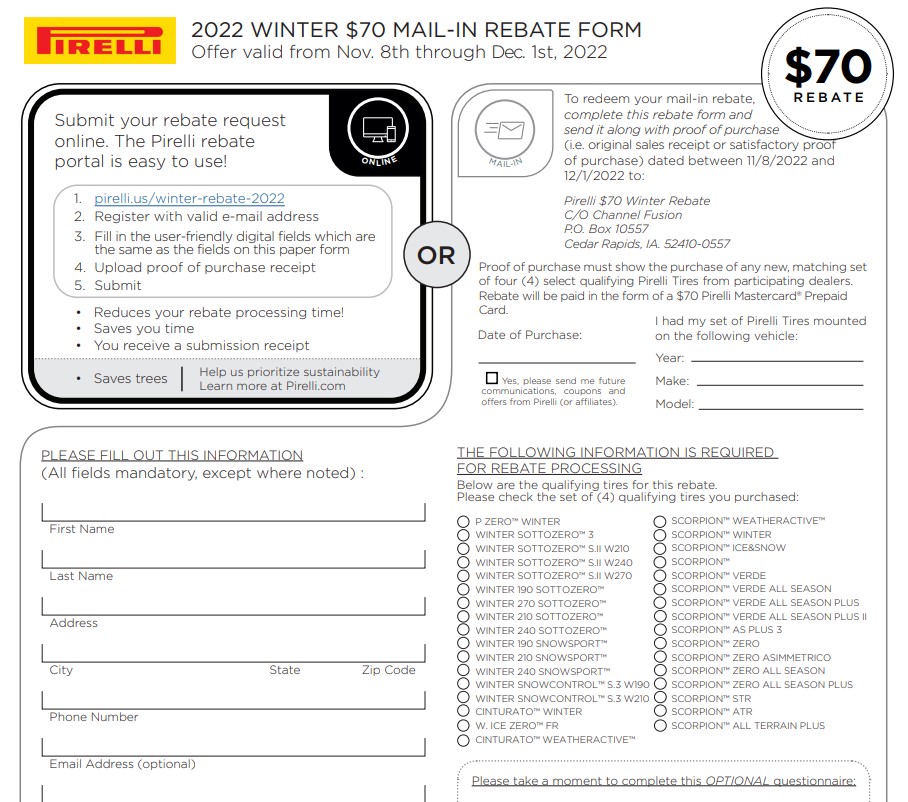 Pirelli Tire Rebate 2023 Eligibility Requirements And Submission 