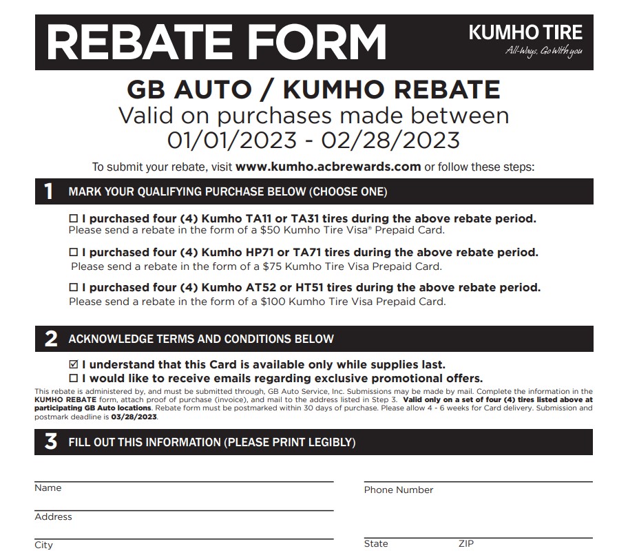 Kumho Rebate Form