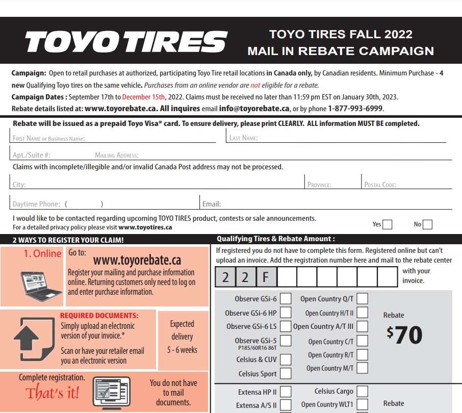 Toyo Tires Rebate Program